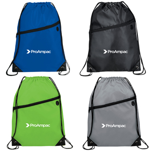 Robin Drawstring Sportpack - Made of 210d Polyester. Large main compartment with drawstring rope closure. Zippered front pocket with earbud port. Reinforced corner tabs. 